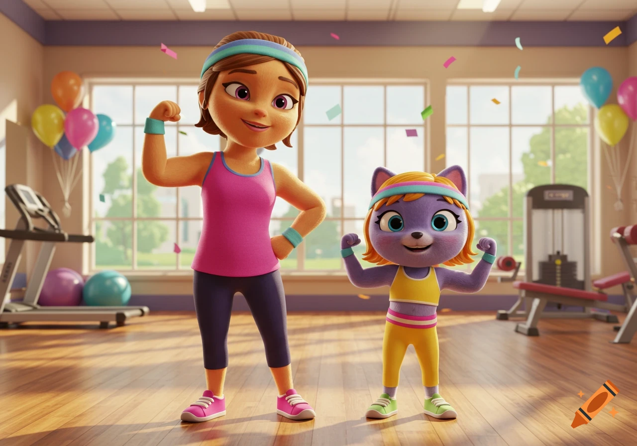 A cartoon woman and a purple cat character flex their muscles in a brightly lit gym with exercise equipment and balloons.