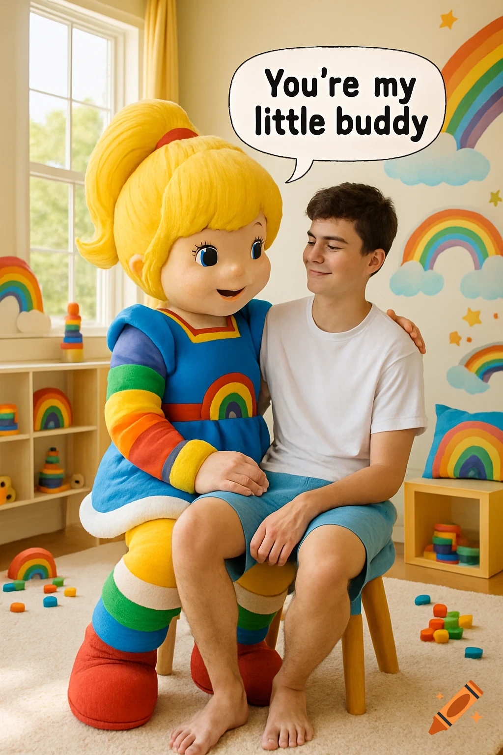 Photorealistic image of a teenage boy sitting on a Rainbow Brite mascot's lap, with a speech bubble saying "You're my little buddy."