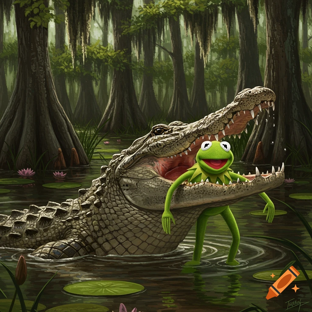 Kermit the Frog stands inside the open mouth of a large alligator in a green swamp with cypress trees and lily pads in a painted style.