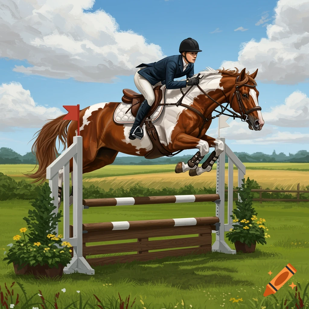A pinto horse and rider jump over a white and brown obstacle in a green field under a blue sky.