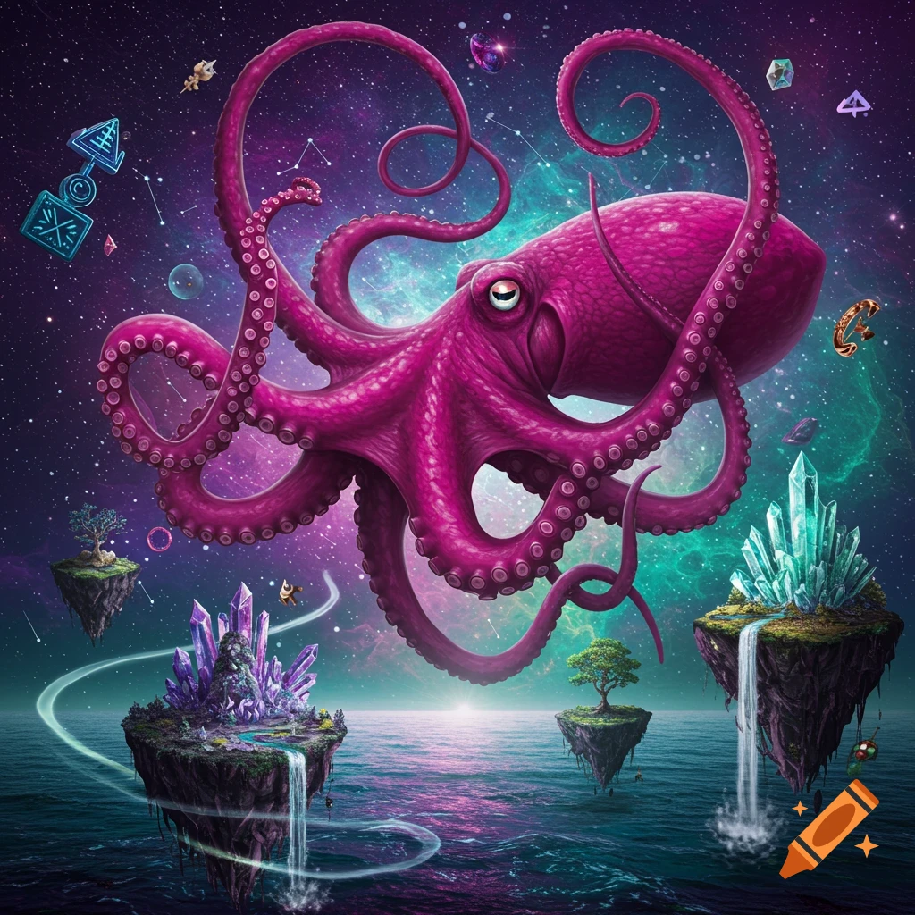 A vibrant pink octopus floats in a cosmic ocean scene with glowing crystals on floating islands under a starry sky.
