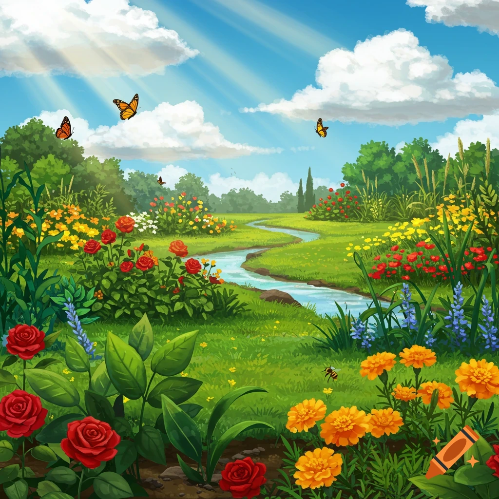 A vibrant, stylized illustration of a sunny garden with a winding stream, colorful flowers, trees, and butterflies.