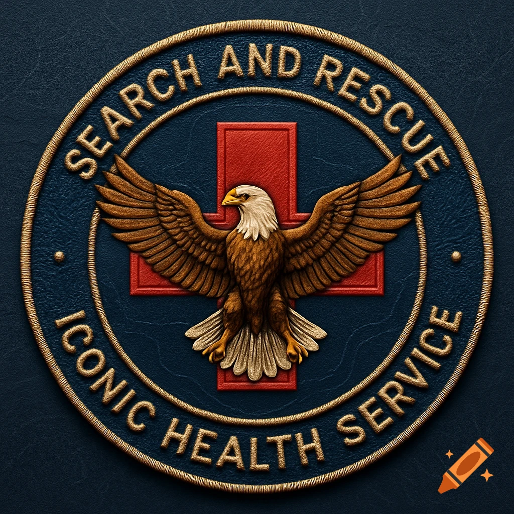 Circular embroidered badge with a bald eagle, red cross, and text "SEARCH AND RESCUE ICONIC HEALTH SERVICE" on a blue background.