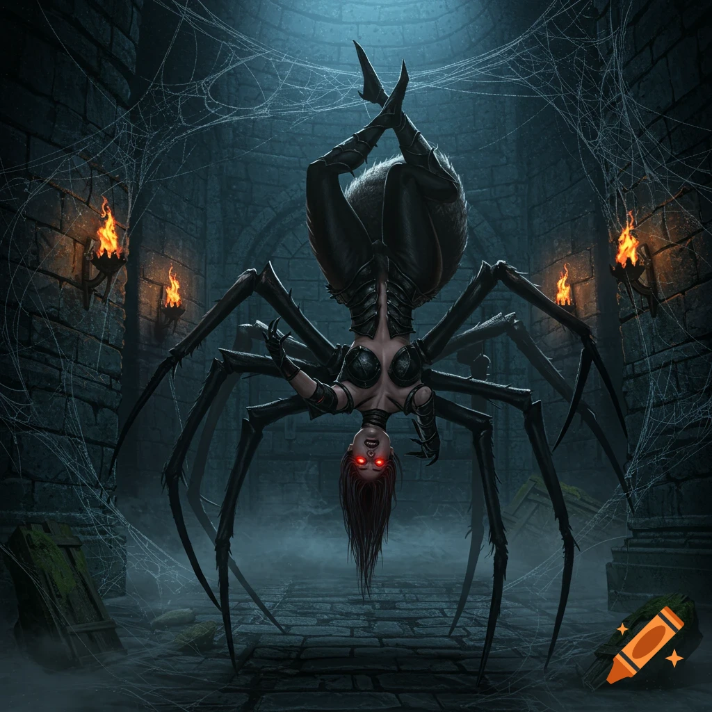 An illustration of a dark fantasy spider-woman hanging upside down in a dimly lit stone dungeon, surrounded by webs.