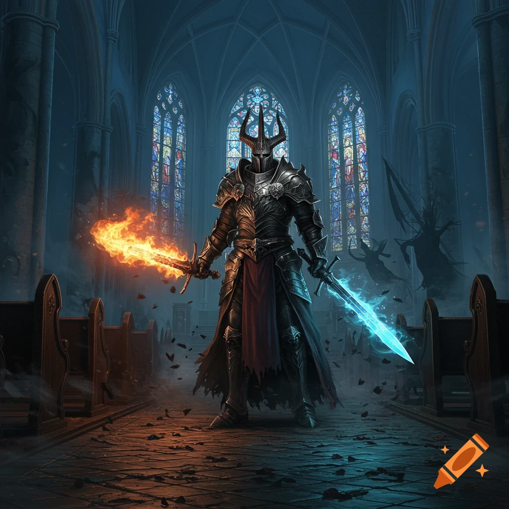 A knight in dark armor with a horned helmet stands in a gothic church, holding a flaming sword and a glowing blue sword.