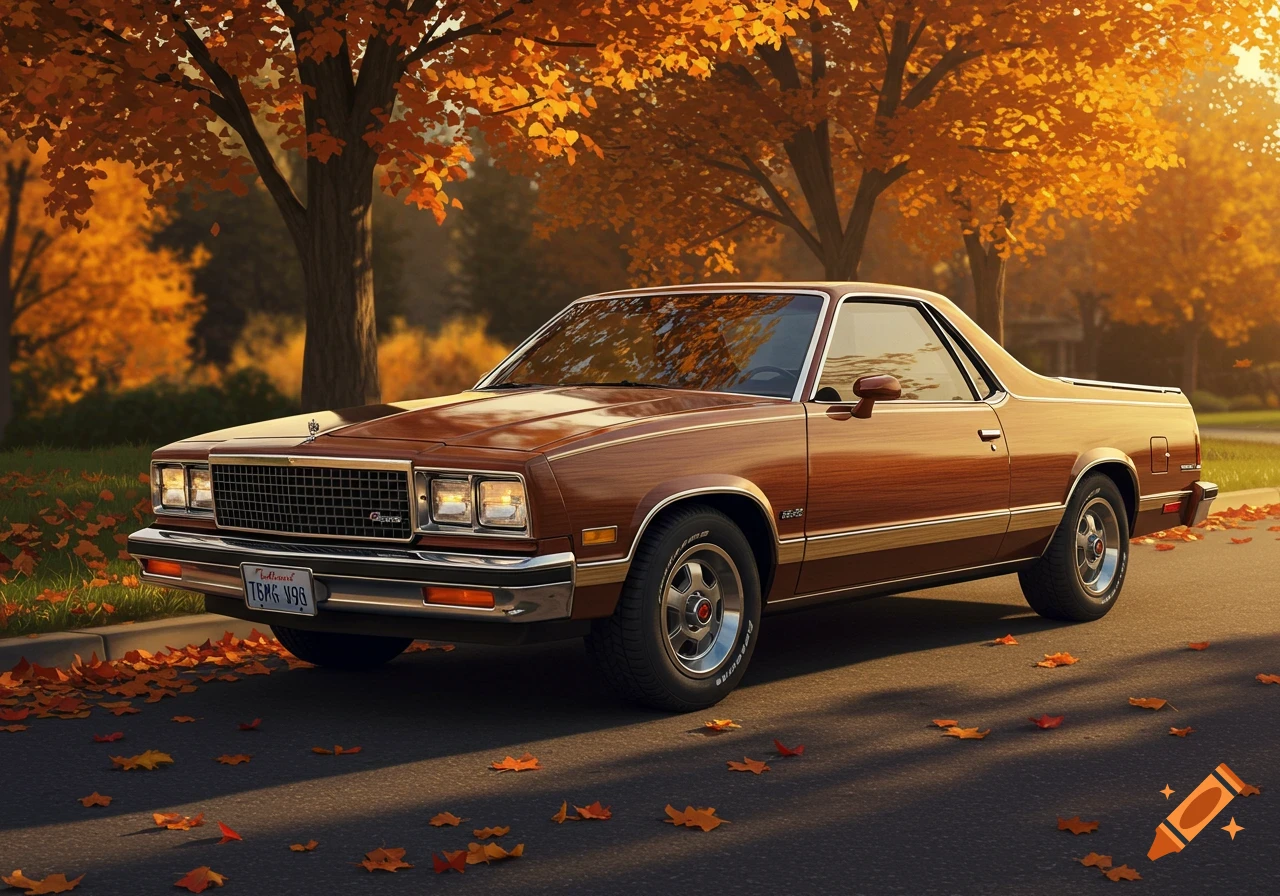 A brown 1987 El Camino car with wood grain paneling is parked on a road with autumn leaves.