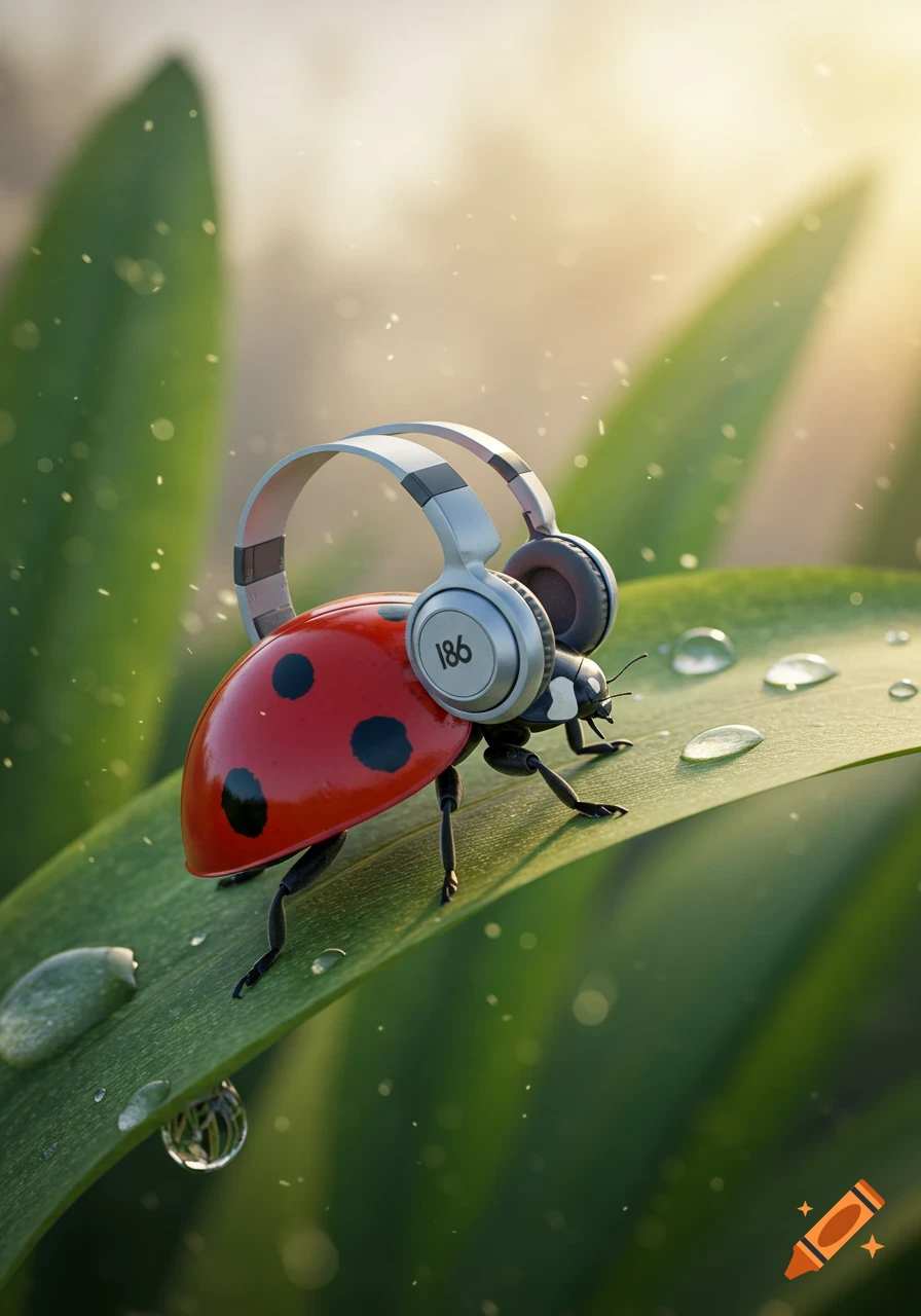 A close-up, photorealistic image of a red ladybug with black spots wearing silver headphones, sitting on a green leaf with water droplets.
