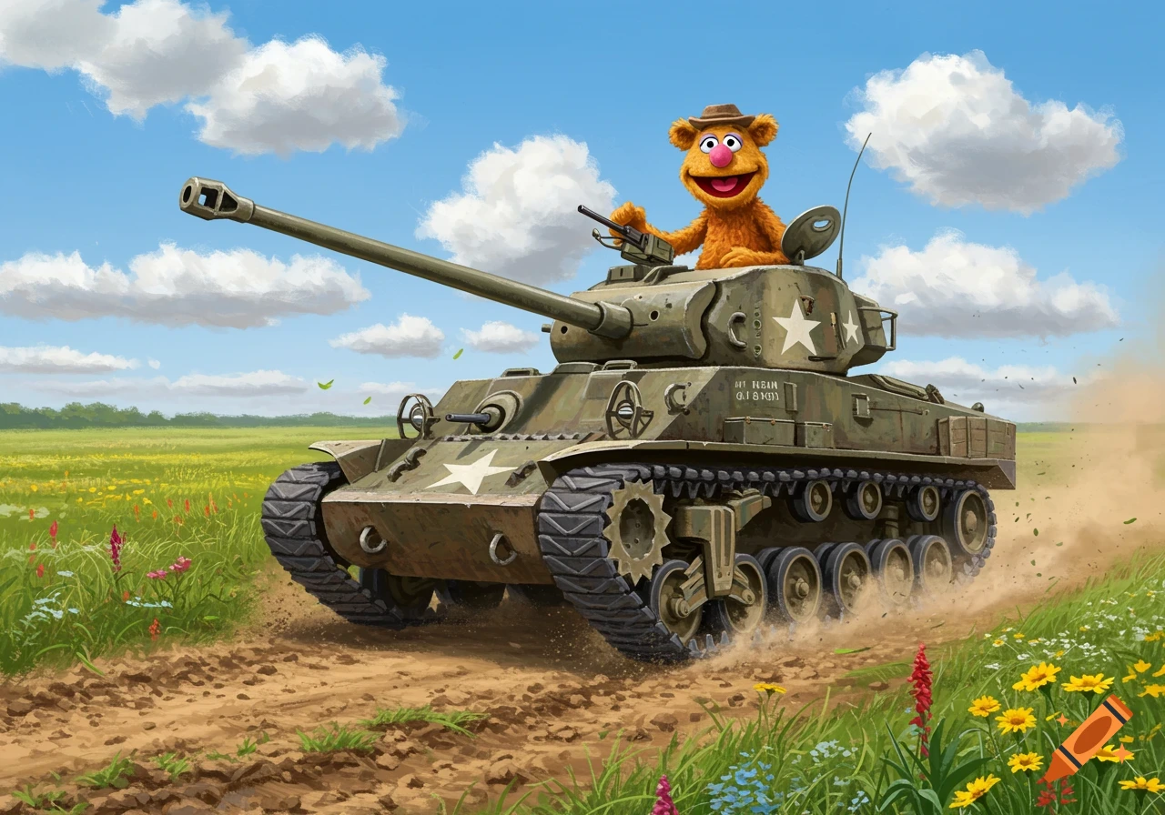 Fozzie Bear in a brown hat drives a green military tank through a sunny field of wildflowers, stirring up dust.