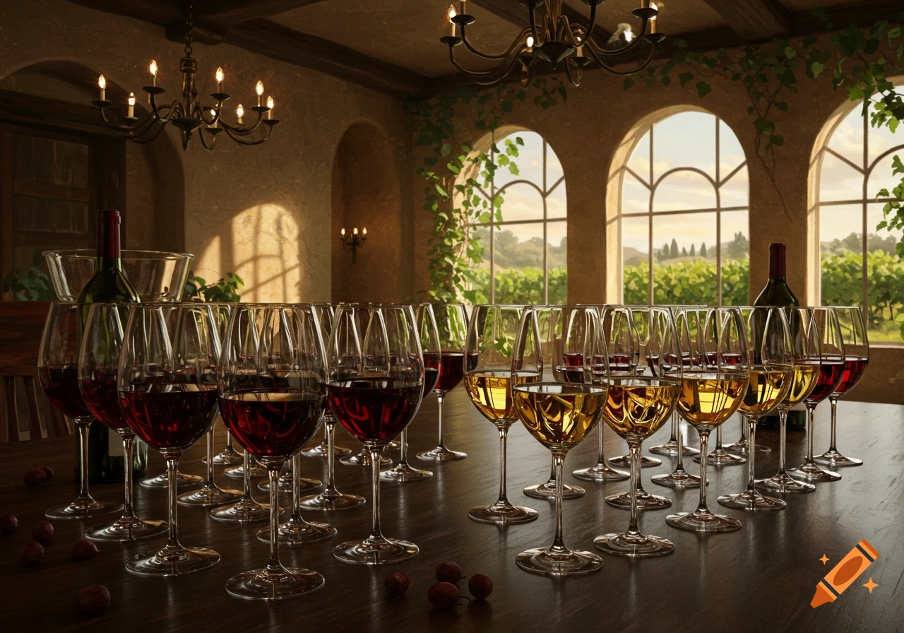 A long wooden table filled with many wine glasses, some holding red wine and some white, in a grand room with arched windows overlooking a vineyard at sunset.