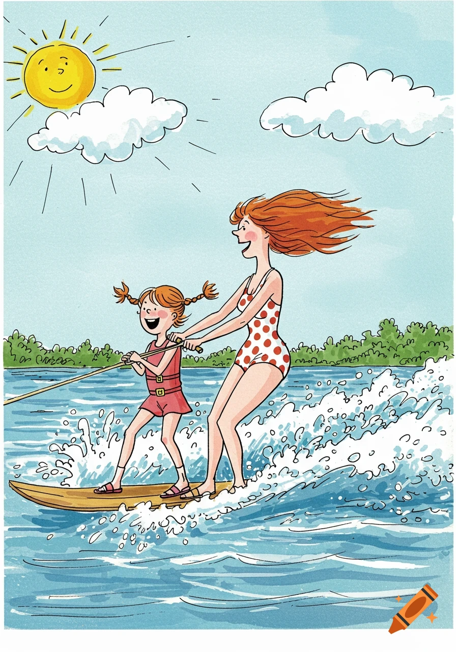 A smiling woman and a young girl waterski together on a sunny day in the Quentin Blake illustration style.