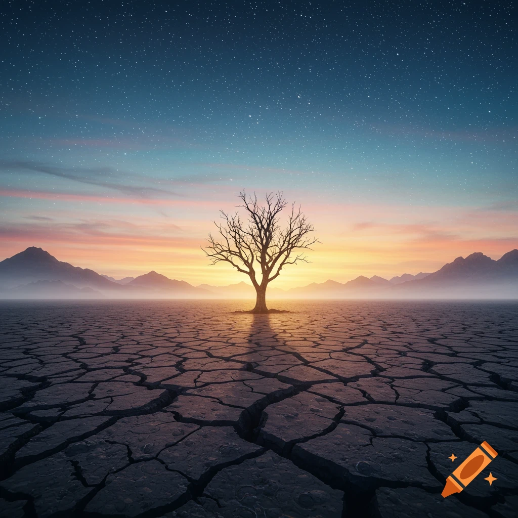 A lone, bare tree stands on a cracked desert floor under a starry sky and a sunset horizon.