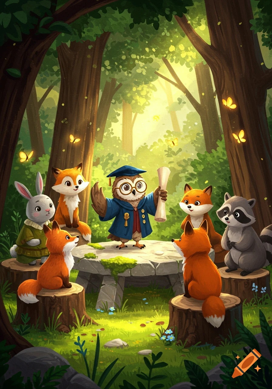 A wise owl in a graduation cap and gown teaches cute forest animals in a bright, lush forest.