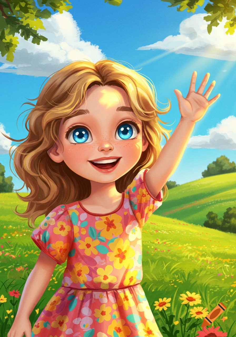 A cheerful cartoon girl with blonde hair and blue eyes waves while standing in a vibrant green field under a bright blue sky.