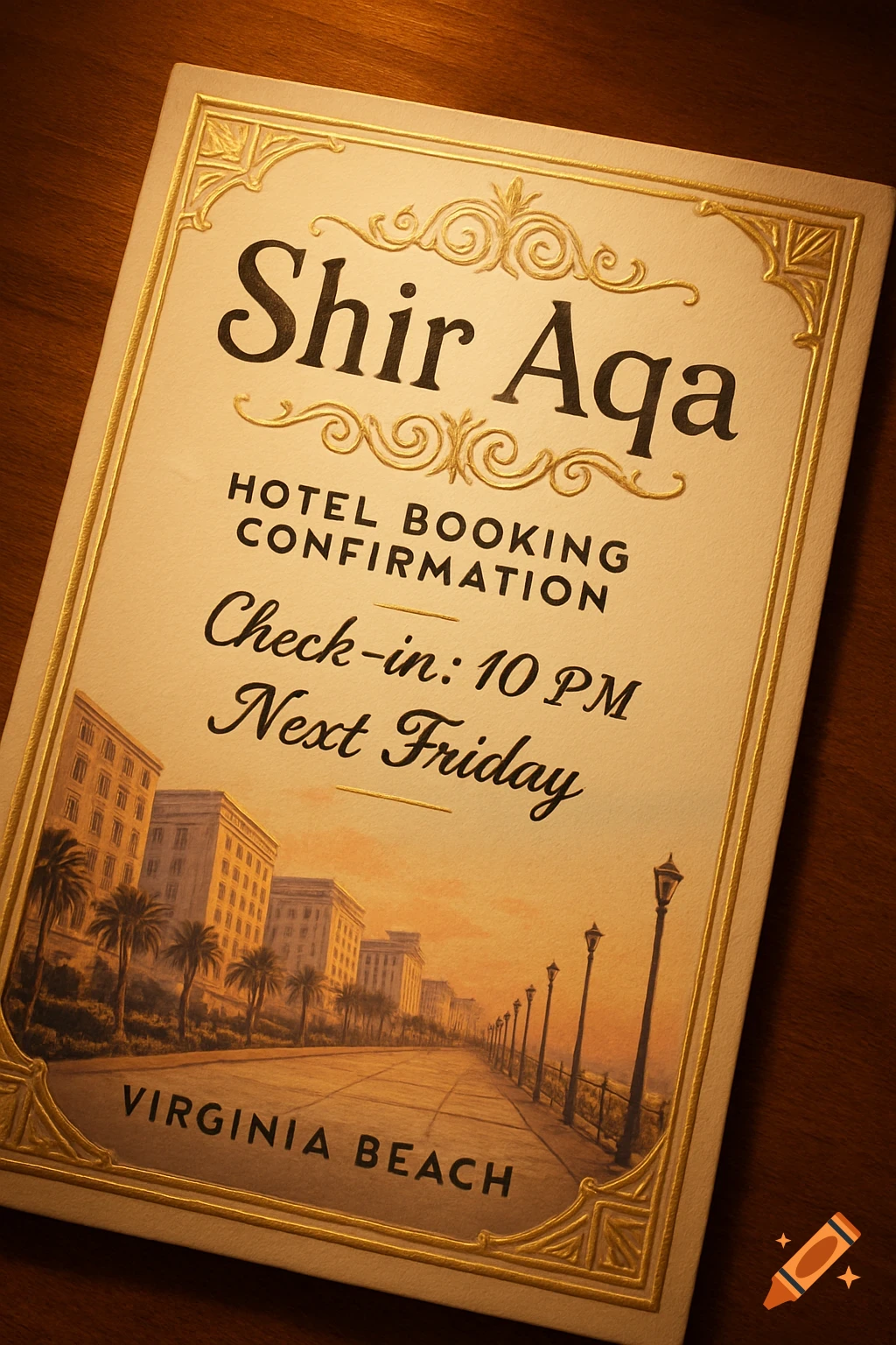 A vintage-style hotel booking confirmation for 'Shir Aqa' in Virginia Beach, with check-in details and an illustration of a boardwalk.