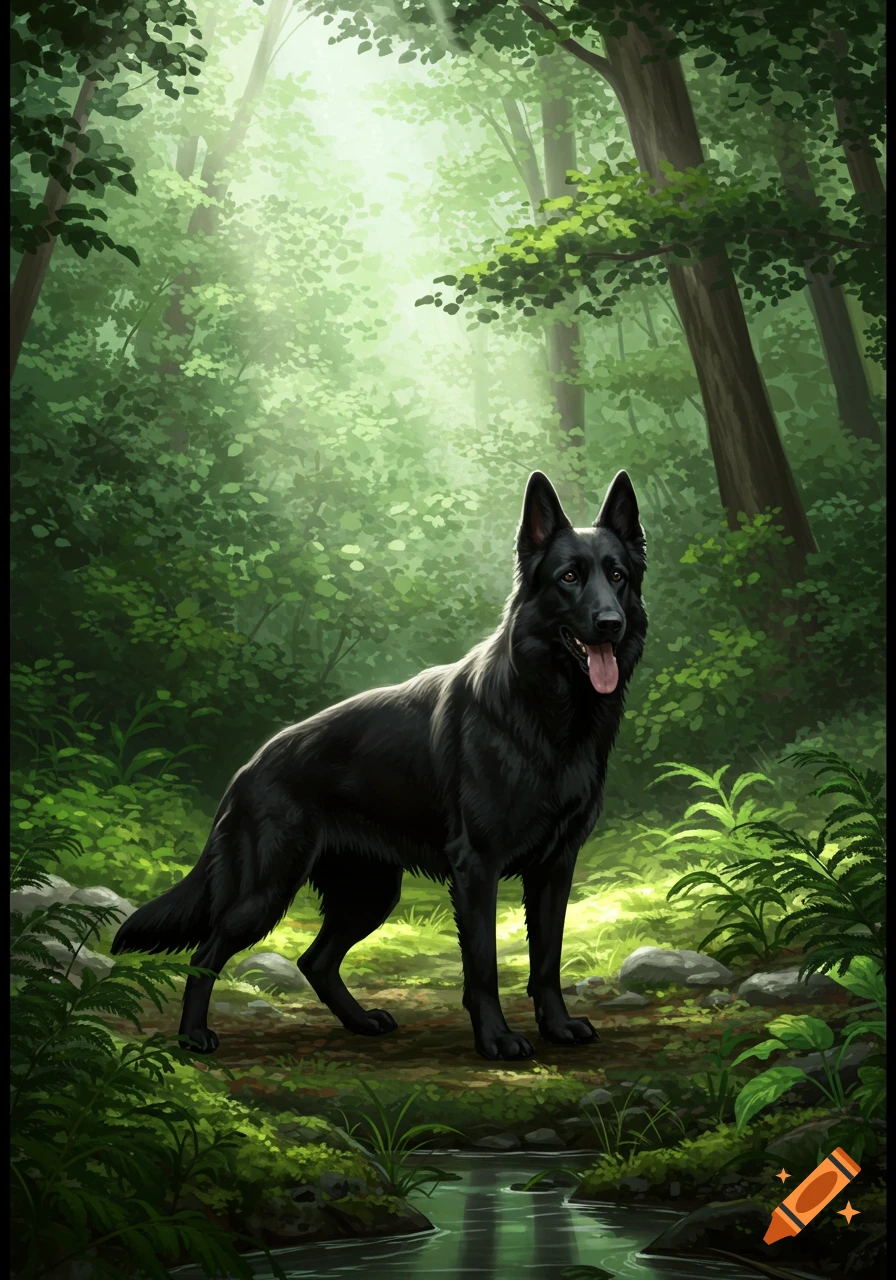 A black German Shepherd stands in a sunlit forest next to a small stream.