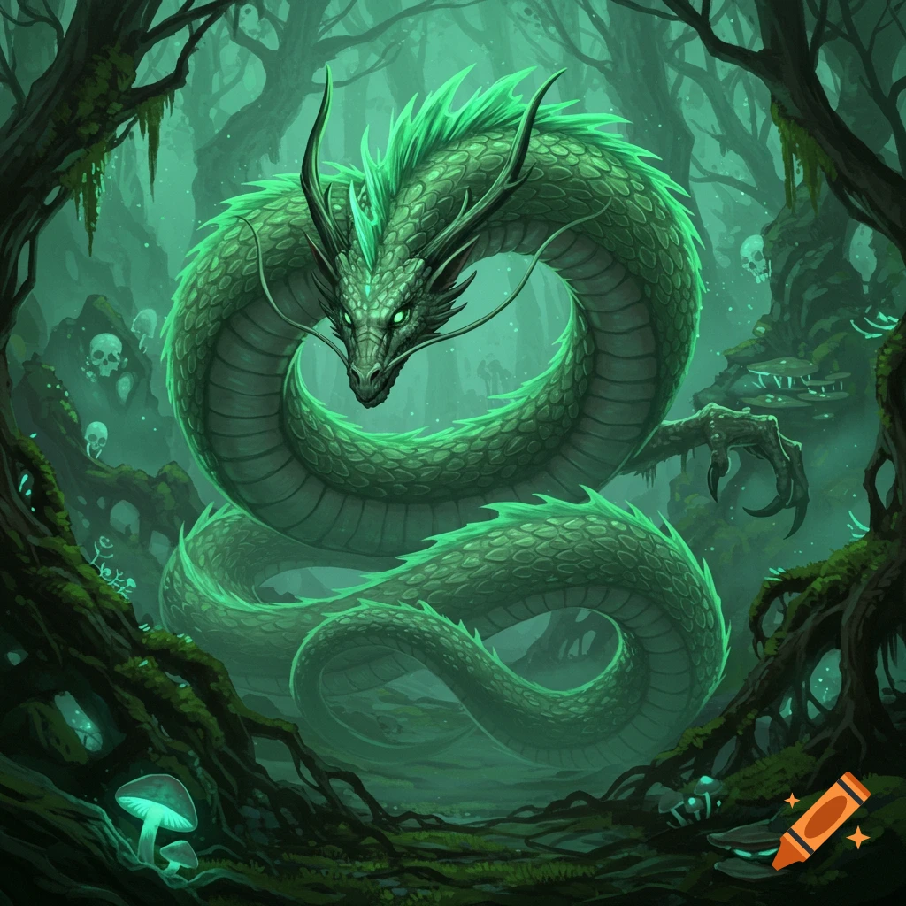 A large green serpentine dragon with glowing eyes coils in a dark, misty fantasy forest with glowing mushrooms and skulls, illustrated.