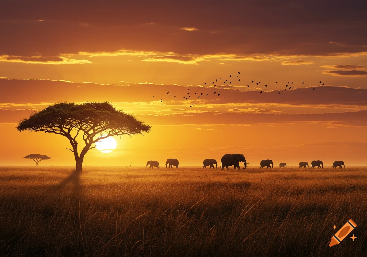 Elephants walk across a grassy savanna at sunset, silhouetted against a bright orange sky with an acacia tree.