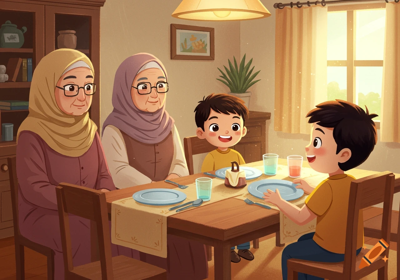 A heartwarming cartoon scene shows two grandmothers and two young boys at a dining table in a cozy home.