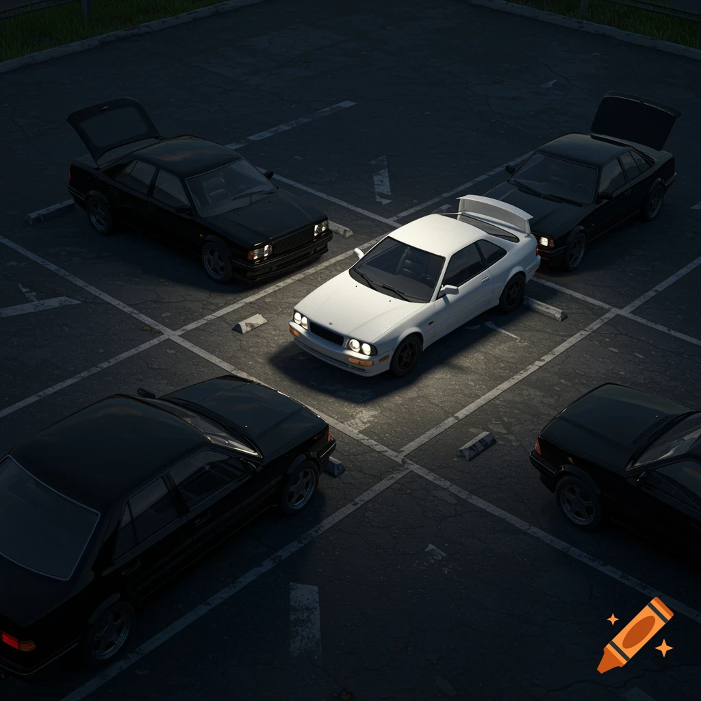 A white car with its trunk open is parked in the center of a dark parking lot, surrounded by four black cars.
