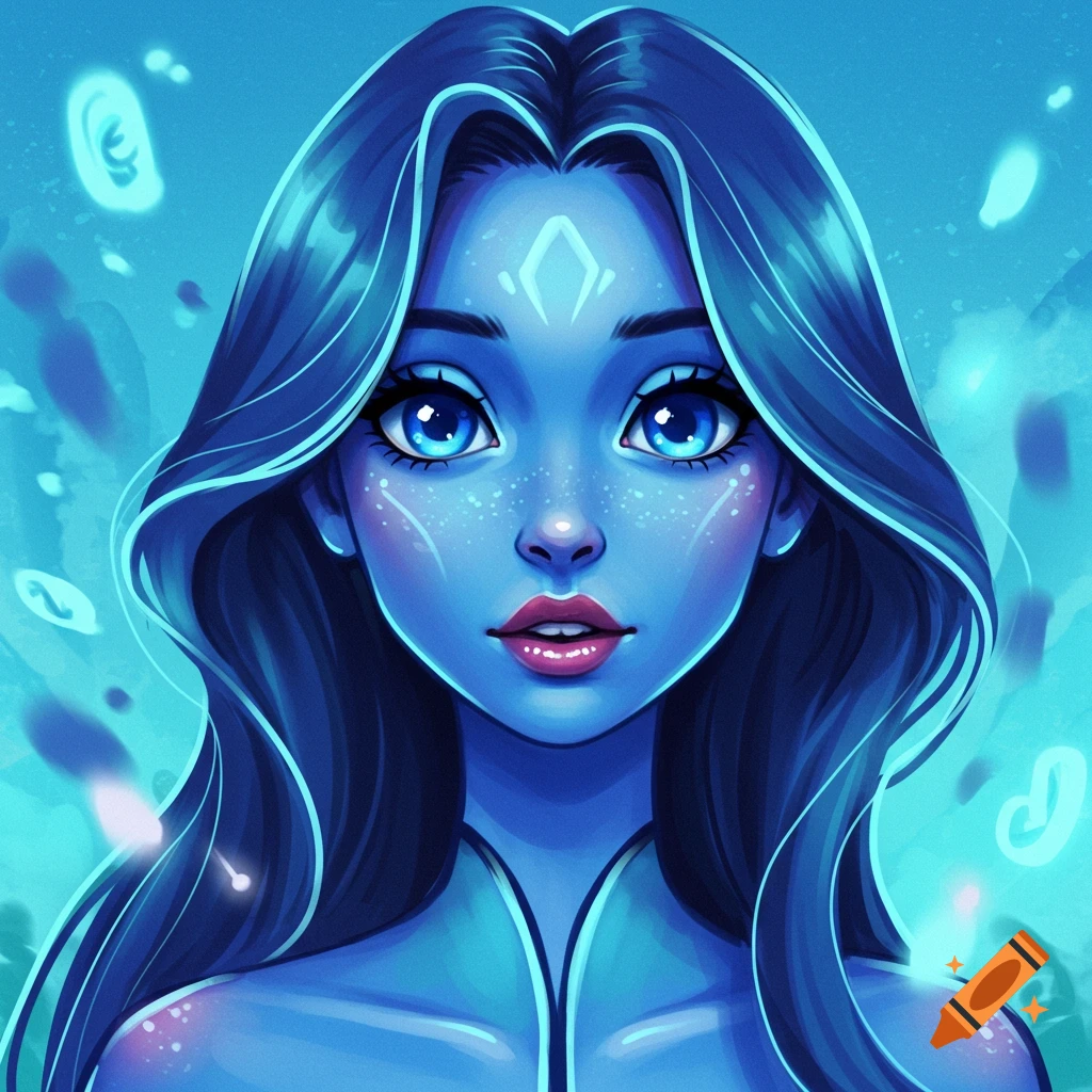 A close-up digital art portrait of a blue-skinned woman with large blue eyes and dark blue hair, glowing with ethereal light.