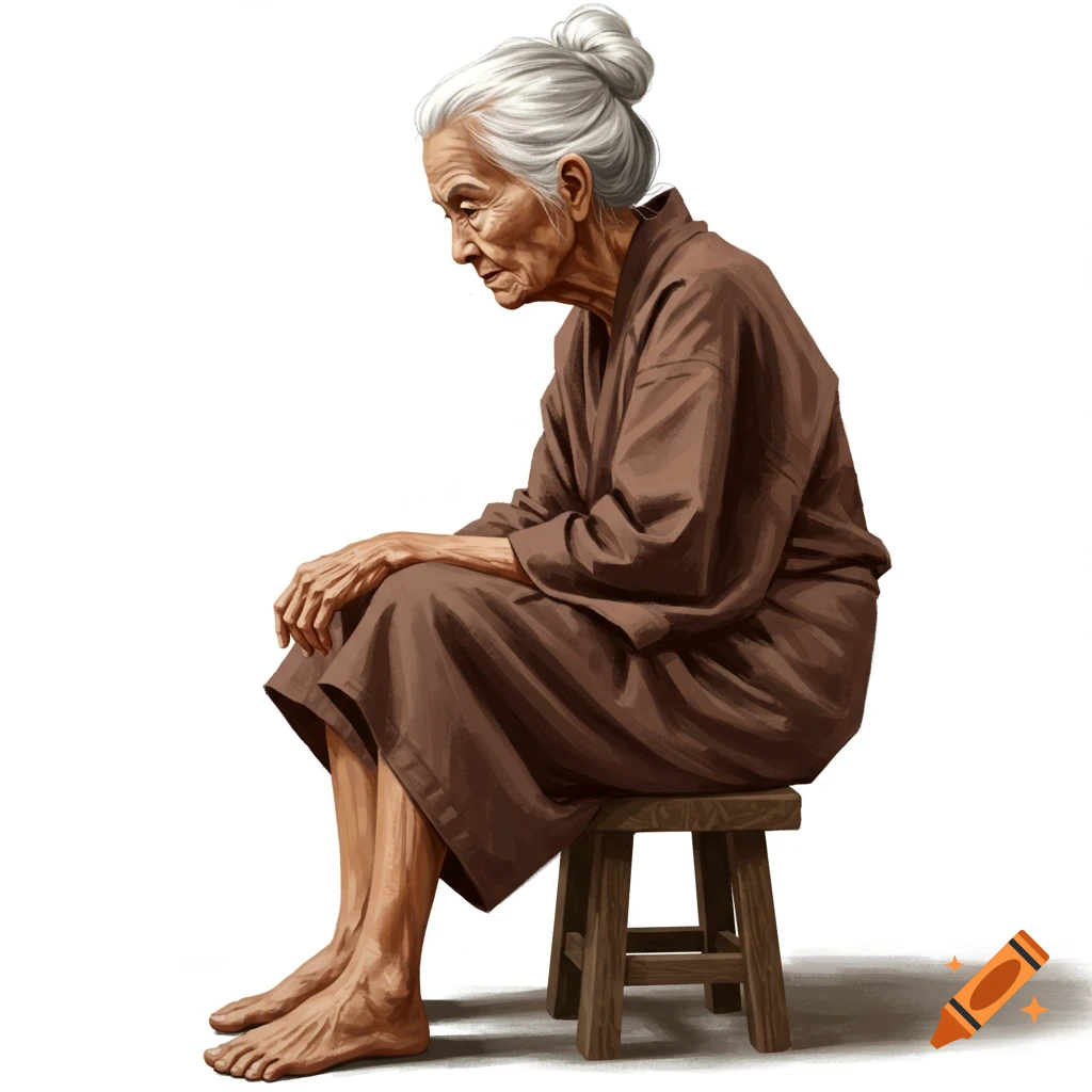 An old woman with grey hair in a bun, wearing a brown robe, sits barefoot on a wooden stool.