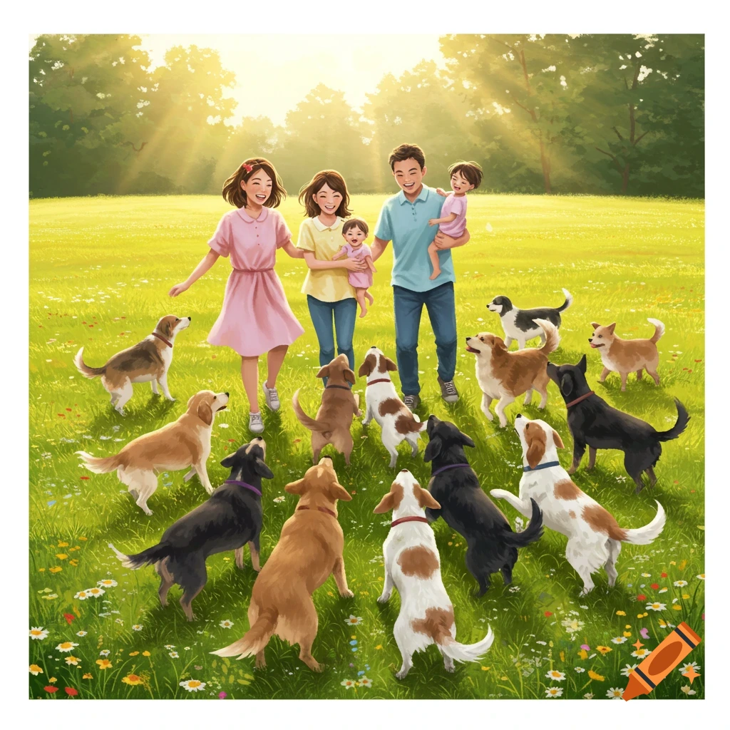 A family with two babies and many dogs in a sunny grassy field, illustrated in a cheerful style.