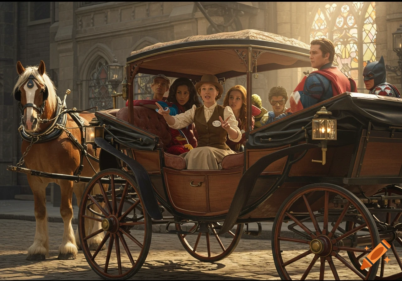 A tour guide, a group of superheroes, and a horse in a Victorian carriage on a cobblestone street.