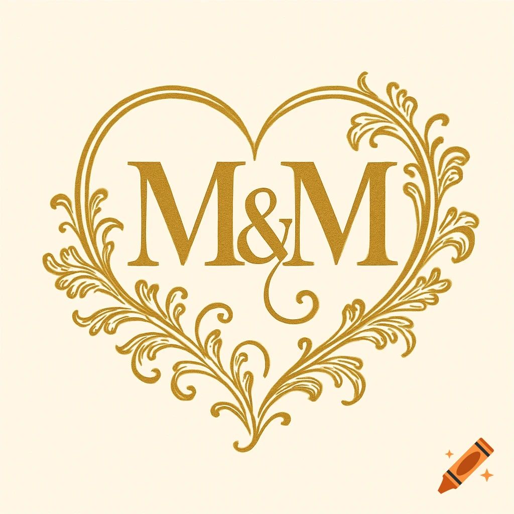 Gold ornamental heart logo with the letters M & M in the center, on a cream background.
