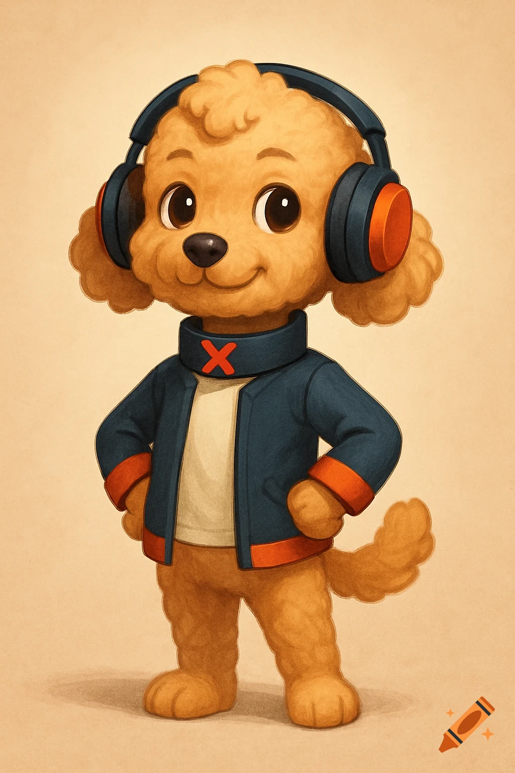 A friendly, humanized golden toy poodle character named Muxi stands, wearing headphones and a blue jacket with orange trim.
