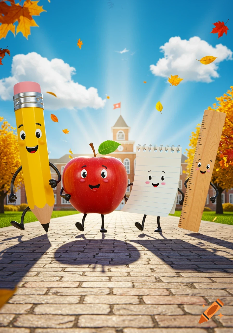 A smiling anthropomorphic pencil, apple, notebook, and ruler walk on a brick path towards a school building under a bright autumn sky with falling leaves. 3D rendering.