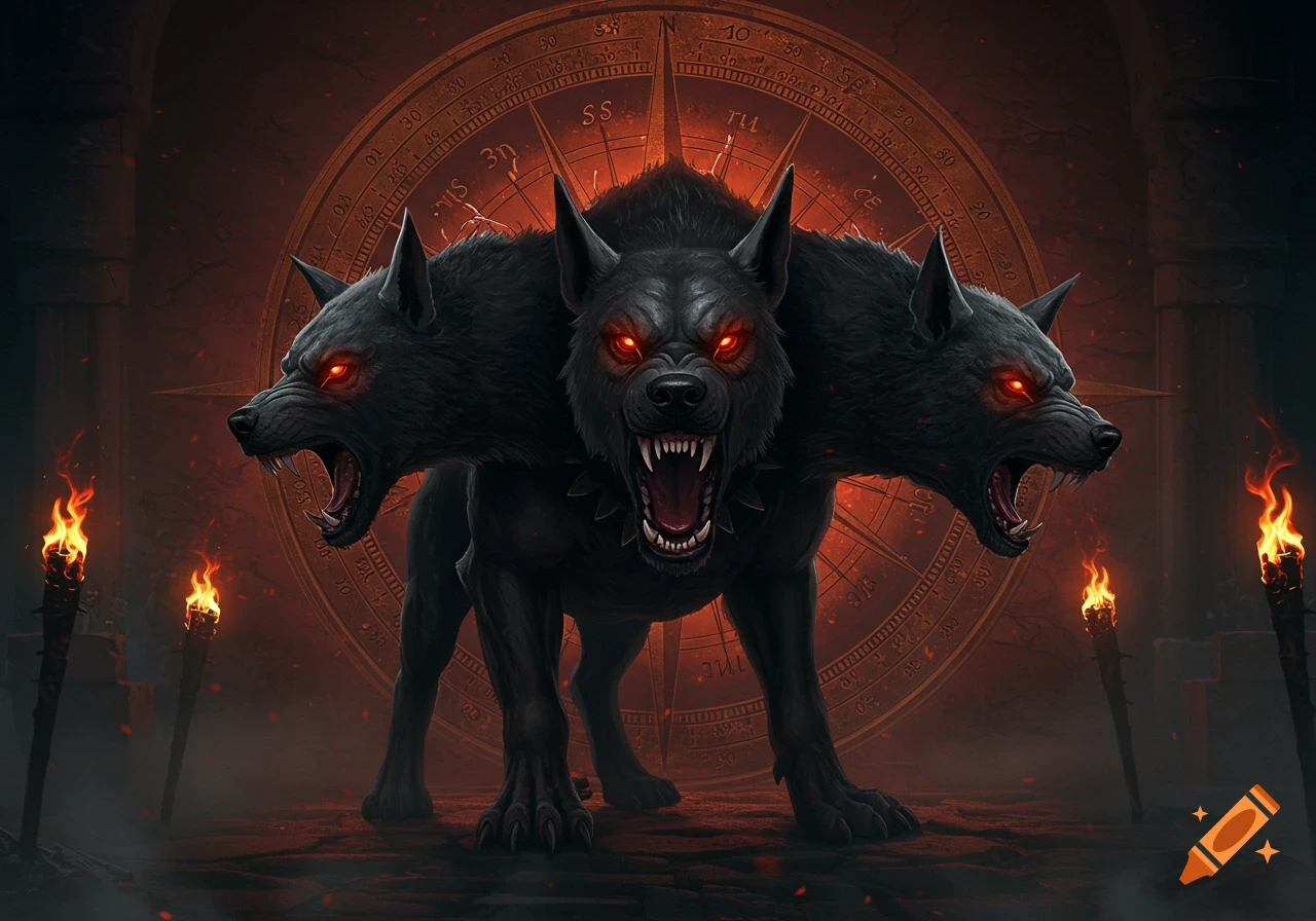 A three-headed black dog, Cerberus, with glowing red eyes snarls in a dark, fiery chamber, with an ancient compass wheel in the background.