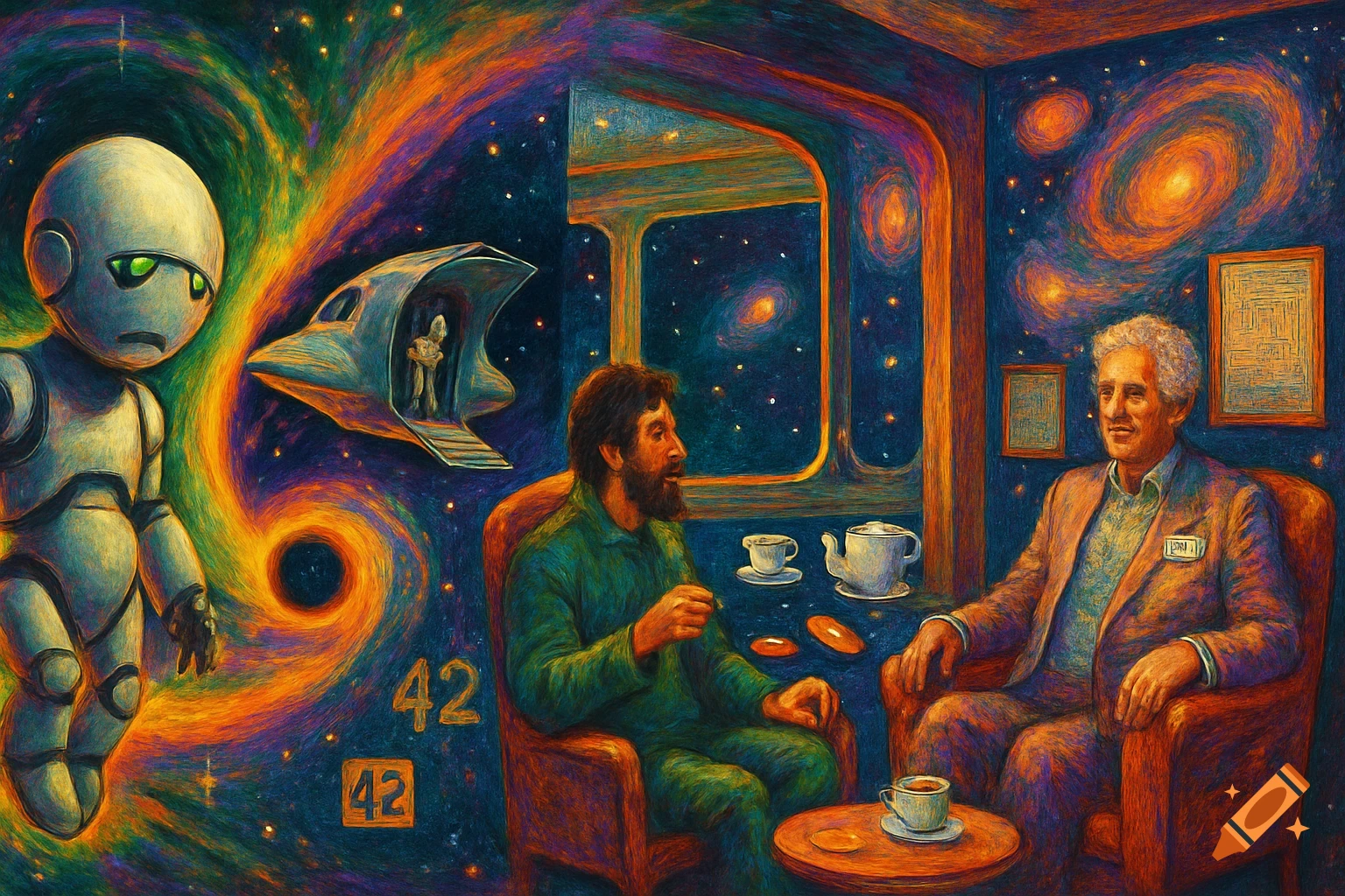 A colorful, surreal sci-fi painting depicts a robot and spaceships in deep space, alongside two men having tea in a spaceship interior and lounge with swirling galaxies.