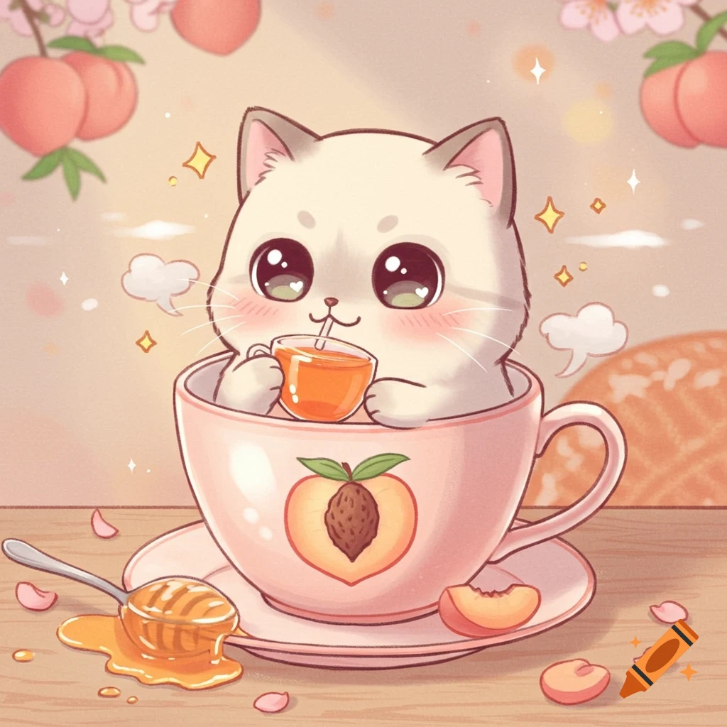 A cute chibi cat sits in a pink teacup, drinking from a smaller cup with a straw, surrounded by peaches and a spoon of honey.