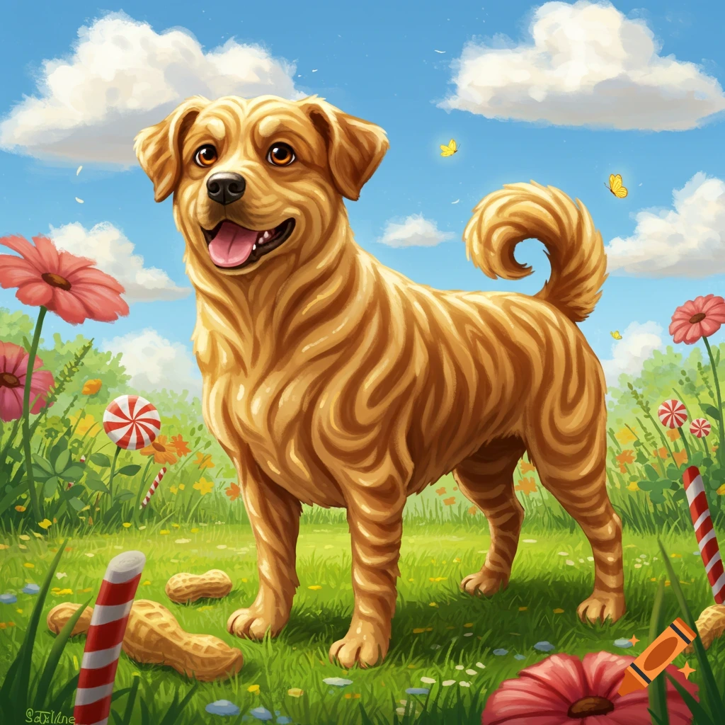 A golden dog with a swirling peanut butter-like textured coat stands in a vibrant green field with colorful flowers, candy canes, and peanuts under a blue sky with fluffy white clouds and yellow butterflies.