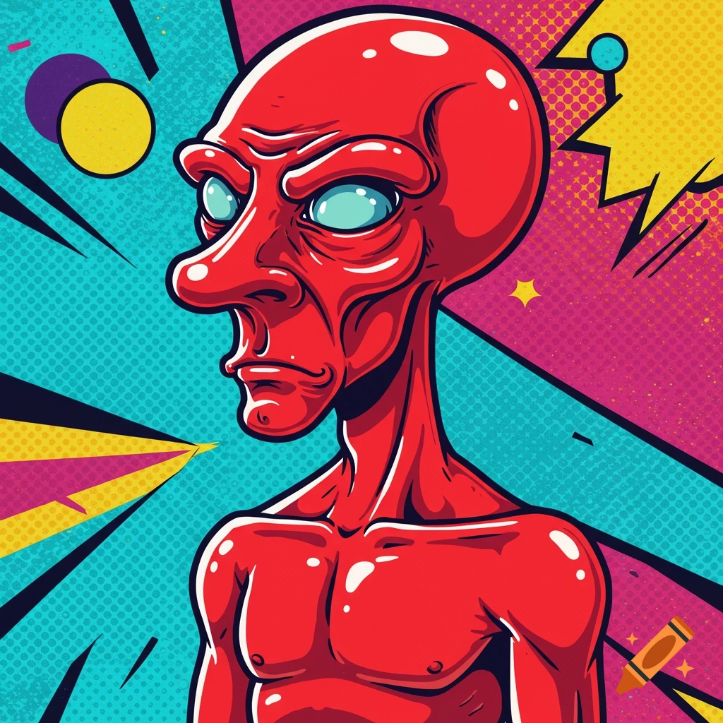Red alien with large eyes and a prominent nose in a vibrant pop art style with a dotted background.