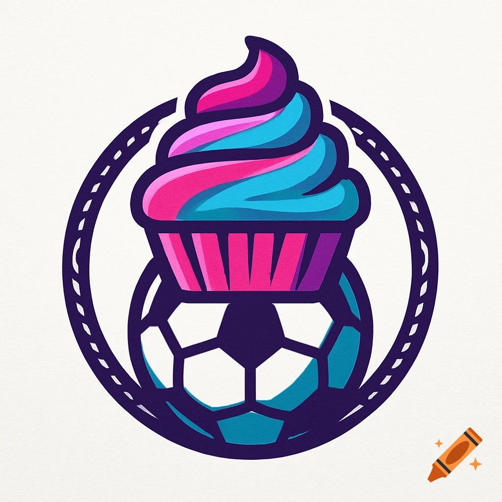 A vibrant logo featuring a pink, purple, and blue cupcake atop a soccer ball within a circular border.
