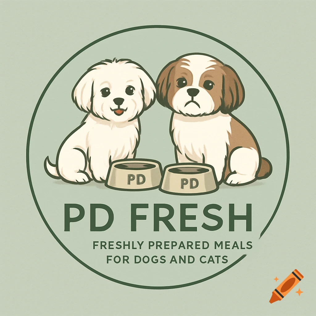 Cartoon logo featuring a happy white Maltese and a sad brown and white Shih Tzu sitting next to dog bowls with 'PD' on them. Text reads 'PD FRESH FRESHLY PREPARED MEALS FOR DOGS AND CATS' within a green circle.