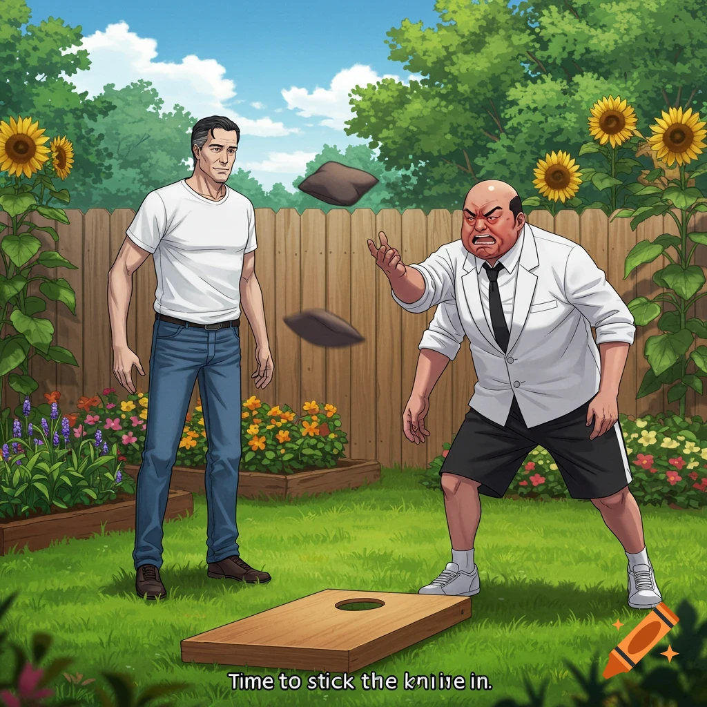 Two men, one tall and lean, one bald and heavier, play cornhole in a backyard with a wooden fence and sunflowers. The heavier man looks angry, and text reads 'Time to stick the knife in.' Anime style.
