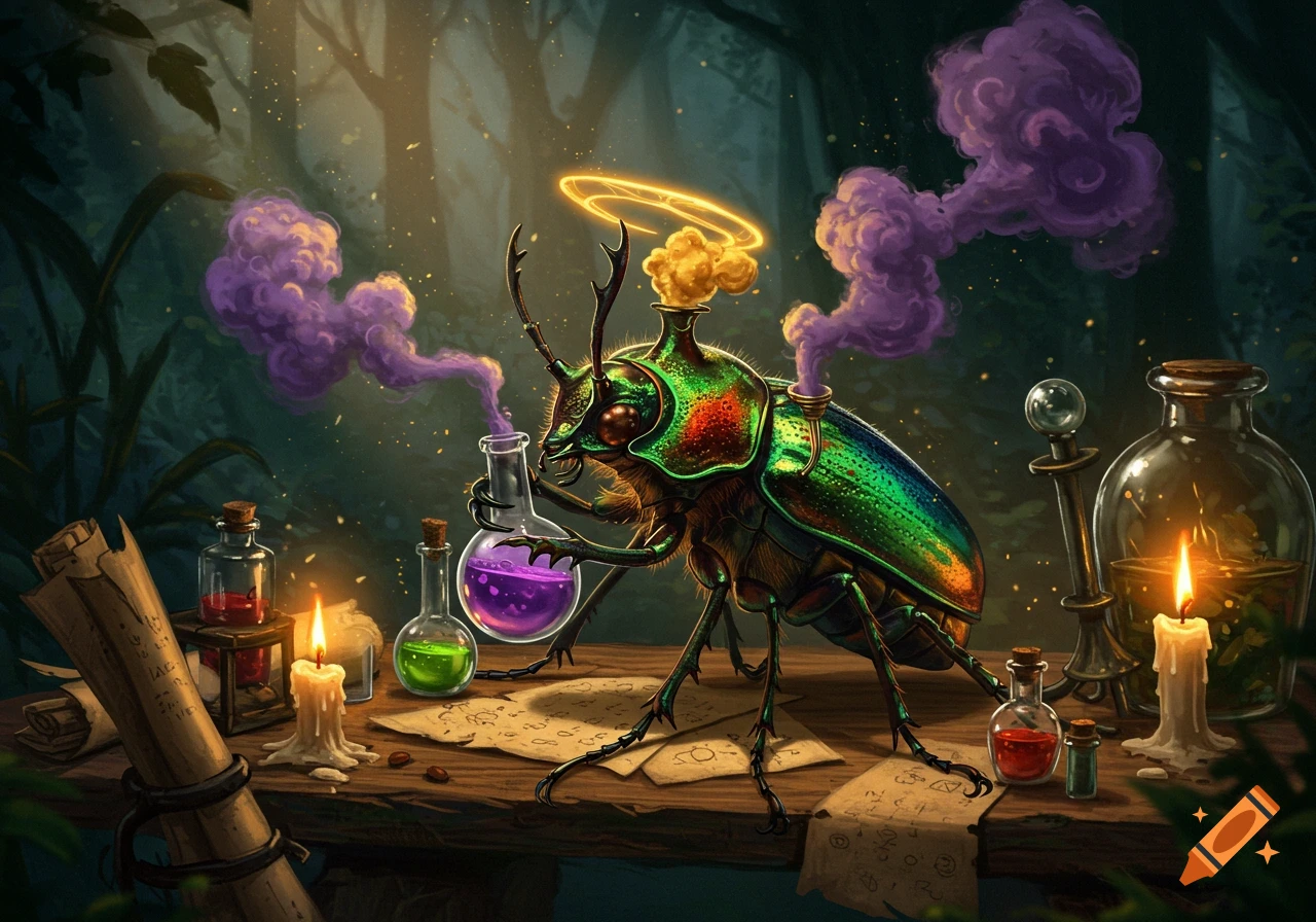 A colorful, iridescent beetle with glowing green and orange shell, acting as an alchemist, mixing purple liquid in a flask on a wooden table with candles, scrolls, and potions in a dark forest setting. Golden glowing rings hover above its head.