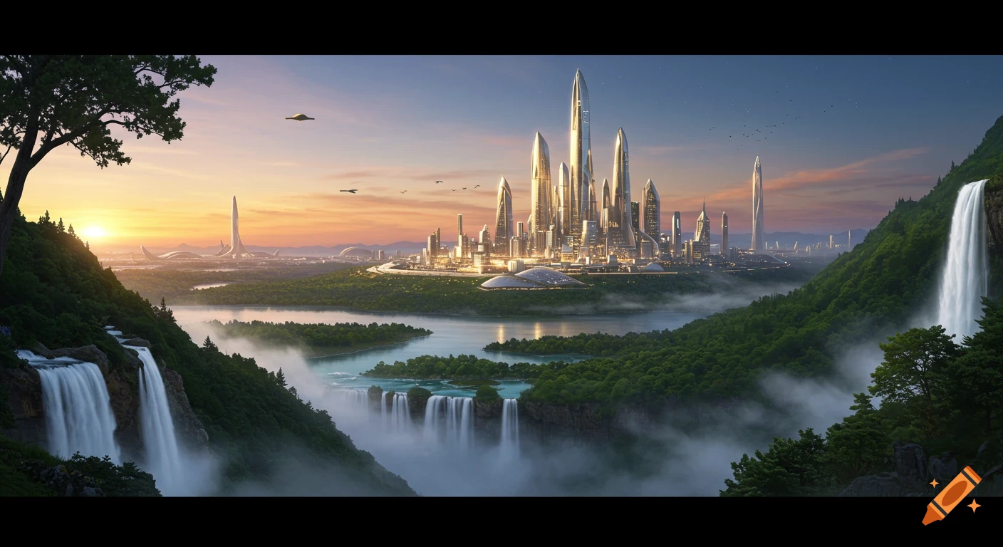 A sprawling futuristic city with towering skyscrapers sits on an island, surrounded by a river, mountains, and waterfalls at sunset.