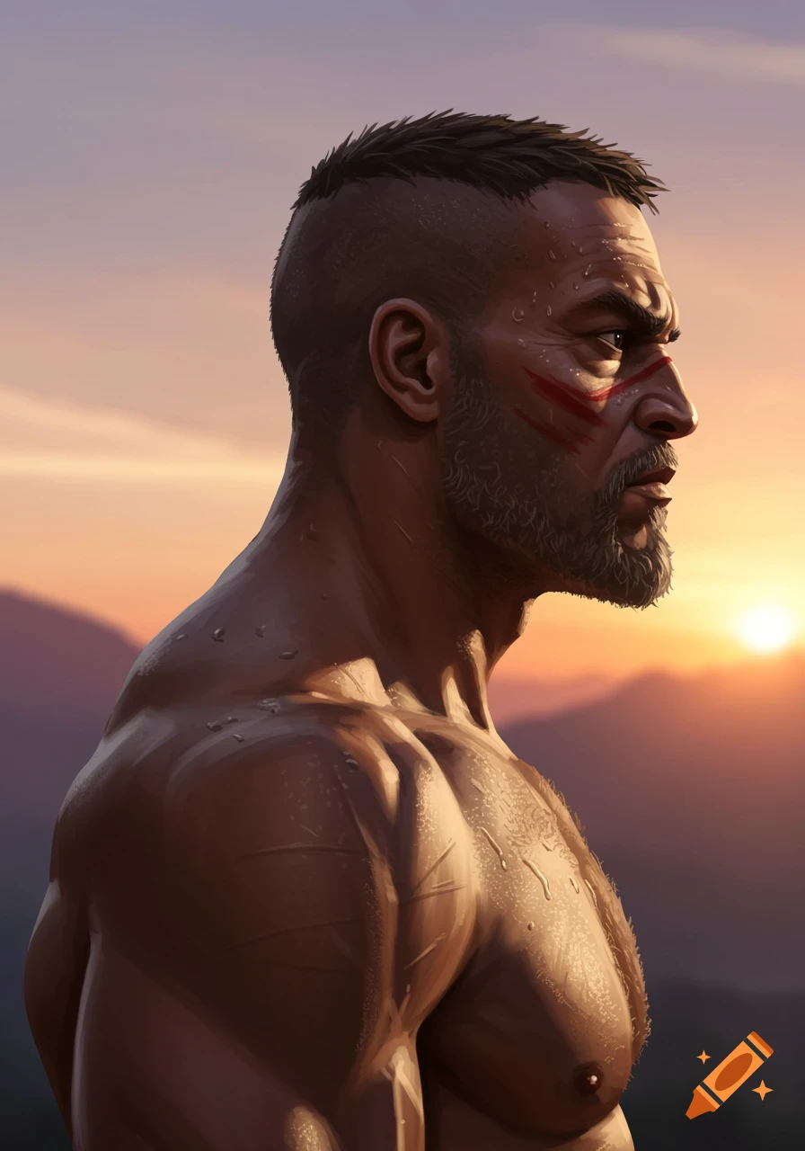 Side profile of a muscular man with war paint and a shaved head, looking determined against a sunset background, digital art.