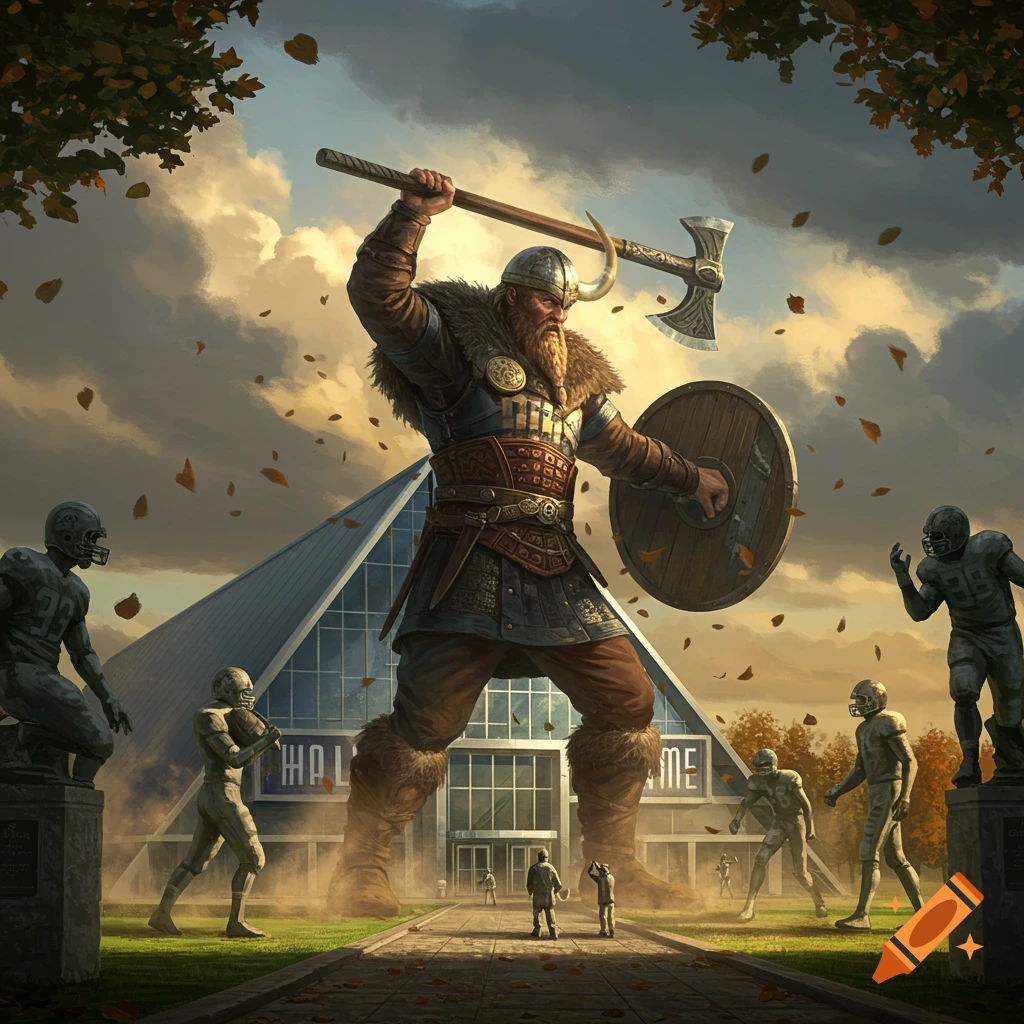 A giant viking warrior raises an axe and shield in front of the Pro Football Hall of Fame, surrounded by football player statues and falling autumn leaves.
