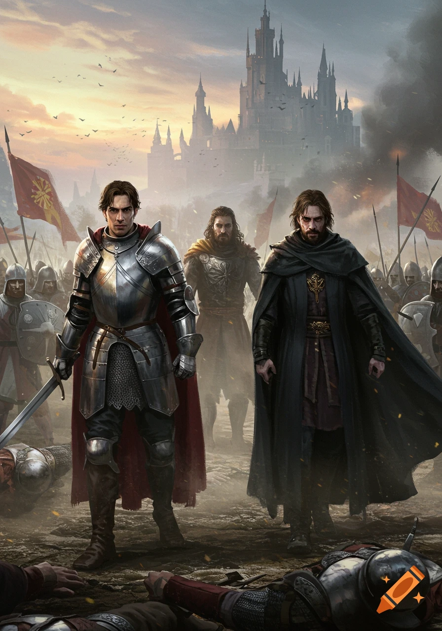Two medieval brothers, one in shining armor and one in a dark cloak, stand on a battlefield with fallen soldiers, a castle looming in the smoky background.