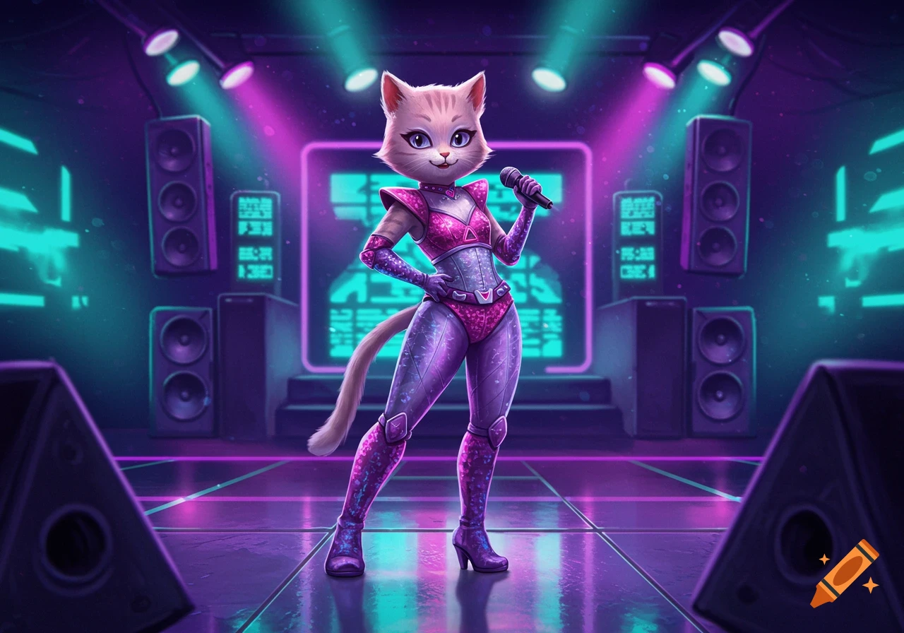 An anthropomorphic cat in a pink pop star outfit holds a microphone on a neon-lit stage.