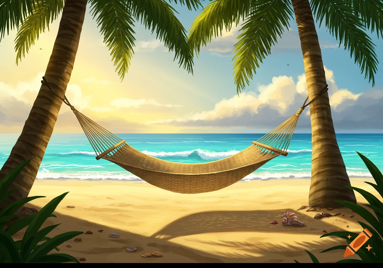 An illustrative scene of a hammock strung between two palm trees on a sandy beach, with a calm blue ocean and a vibrant sky at sunset.