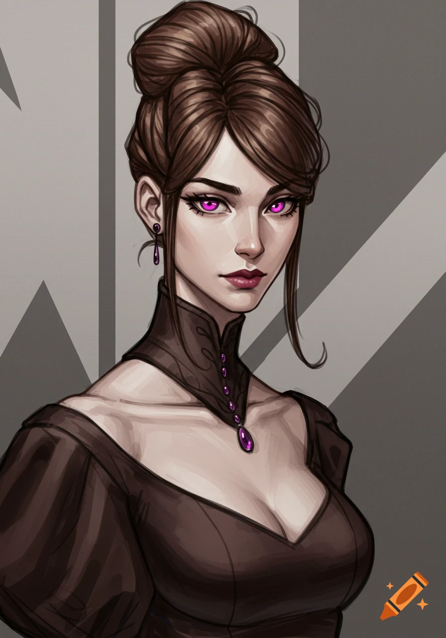 Stylized portrait of a woman with brown hair bun, striking magenta eyes, and a dark, high-collared dress with purple gems.