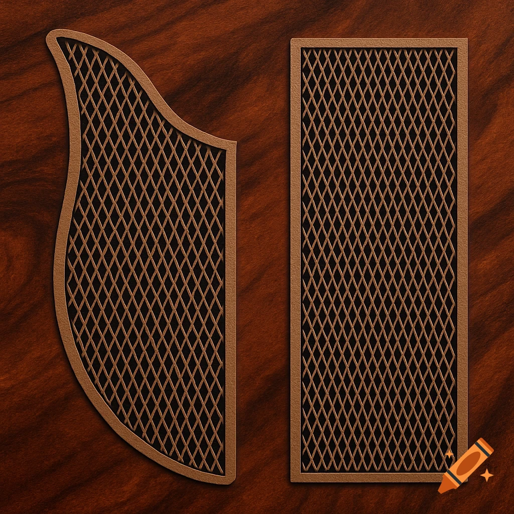 Two copper-colored checkering pattern decals, one rectangular and one with a curved edge, on a dark wooden background.