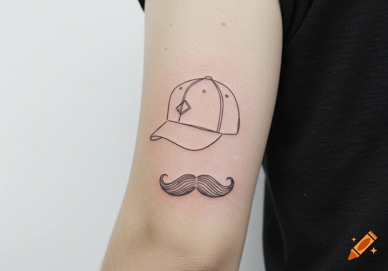 Minimalist line drawing tattoo of a baseball cap and a mustache on an arm.