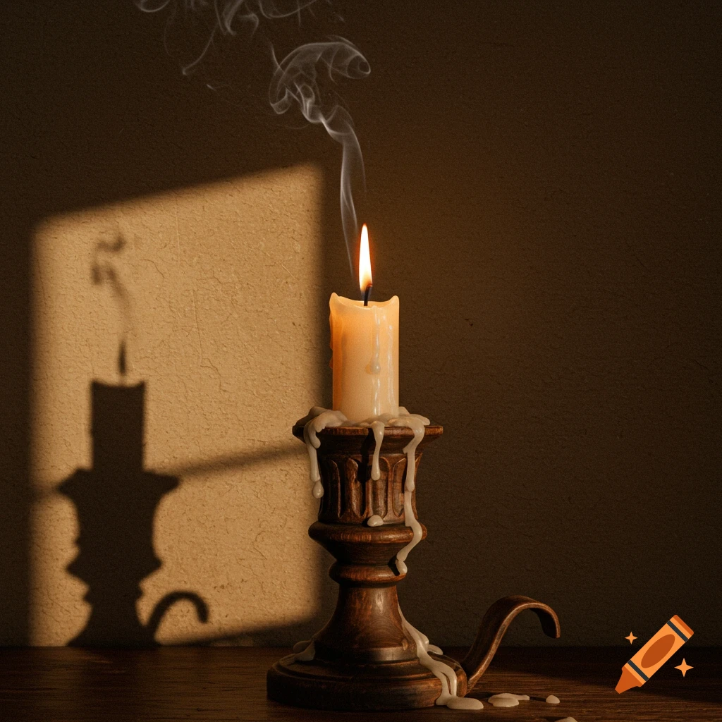 A lit white candle on a wooden holder with melted wax, casting a prominent shadow on a textured wall in warm light.