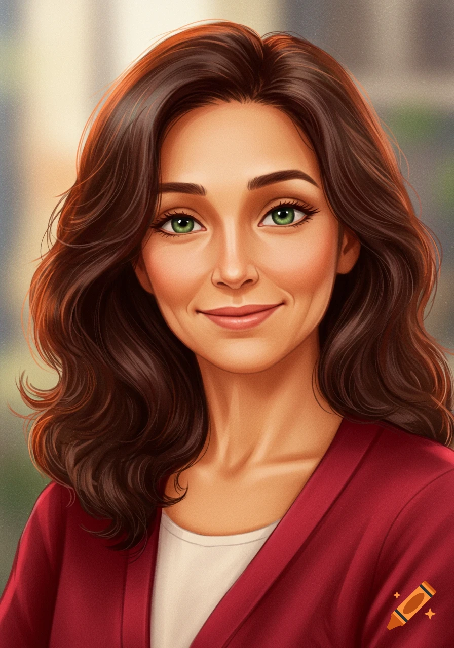A smiling woman with wavy dark auburn hair and emerald green eyes, wearing a red cardigan in a stylized portrait.